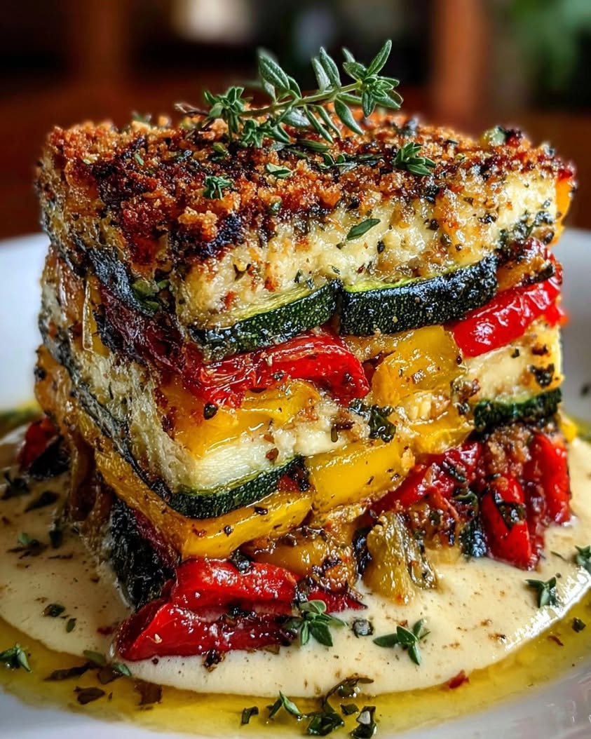 Layered Mediterranean Vegetable Lasagna with Creamy Garlic Herb Cheese Drizzle