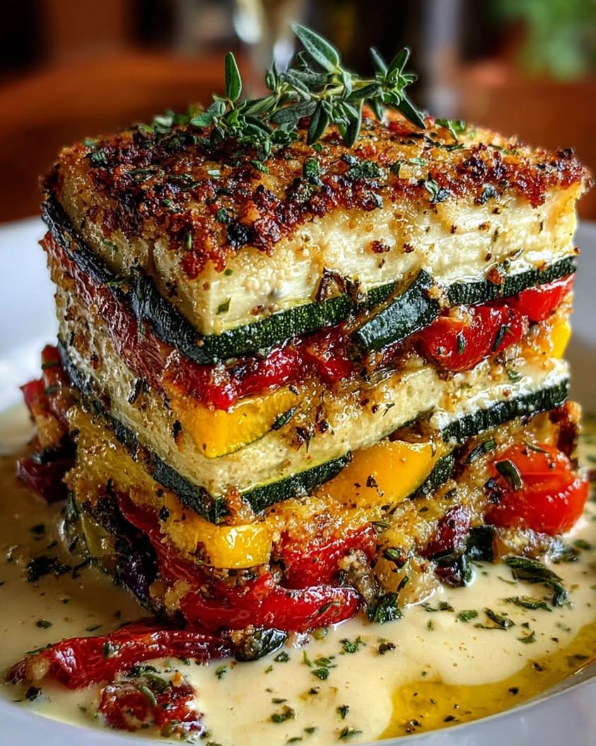 Mediterranean Vegetable Lasagna with a Creamy Three-Cheese Drizzle
