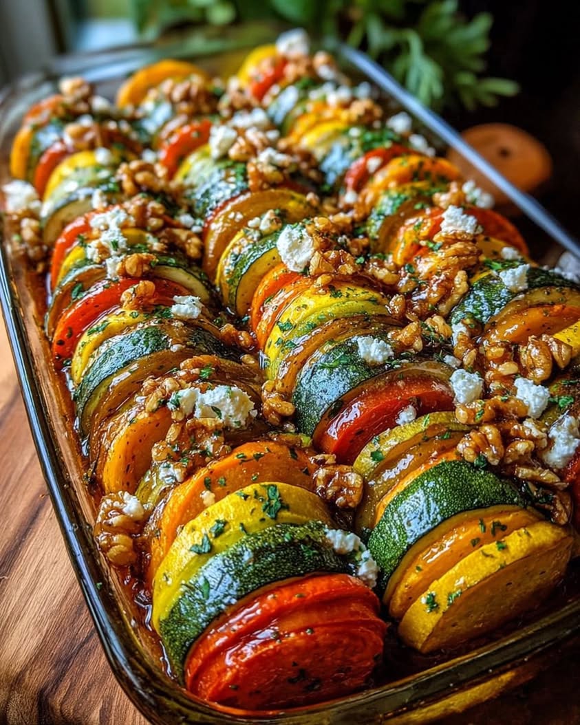 Layered Roasted Vegetable Bake with Sweet Potato, Zucchini & Feta