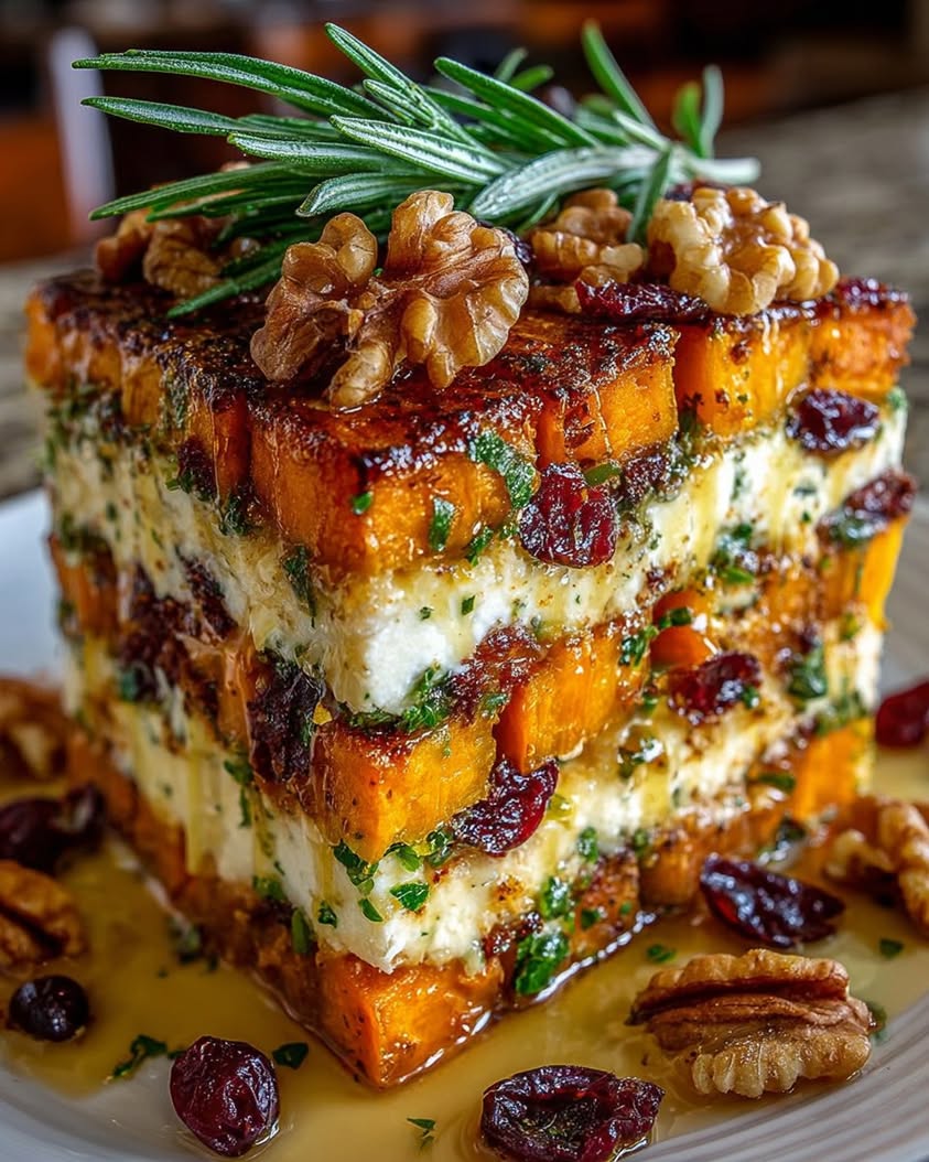 Layered Vegetable Lasagna with Feta Walnuts and Cranberry Honey Glaze