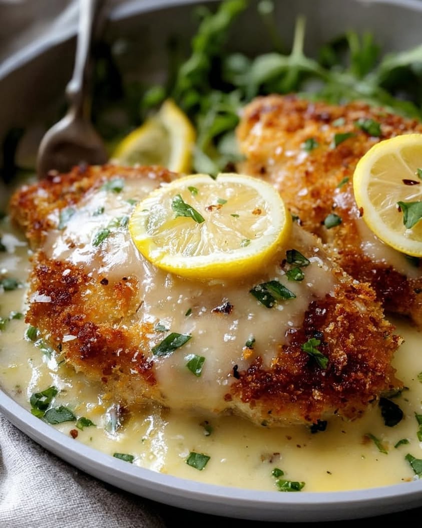 Lemon Pecorino Crusted Chicken with Creamy Lemon Sauce Recipe