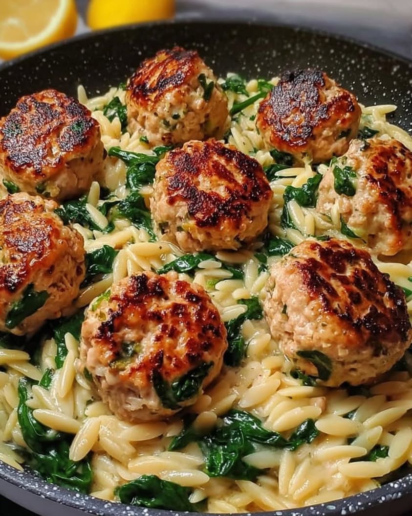 Lemony Chicken Ricotta Meatballs Over Garlic Spinach Orzo Recipe