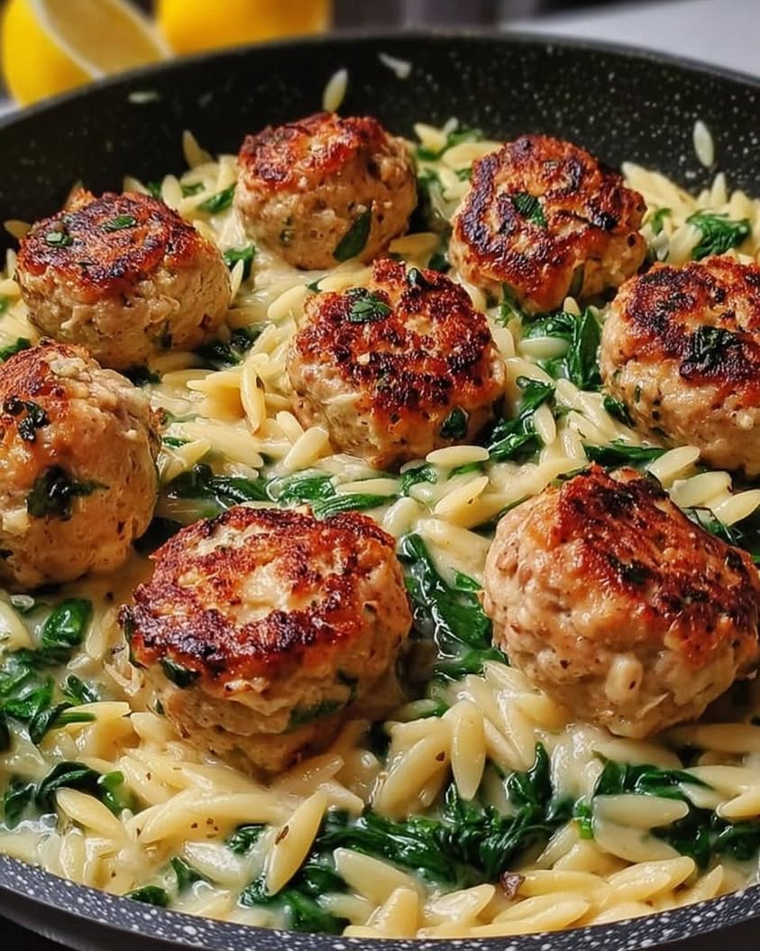 Lemony Chicken Ricotta Meatballs Over Garlic Spinach Orzo