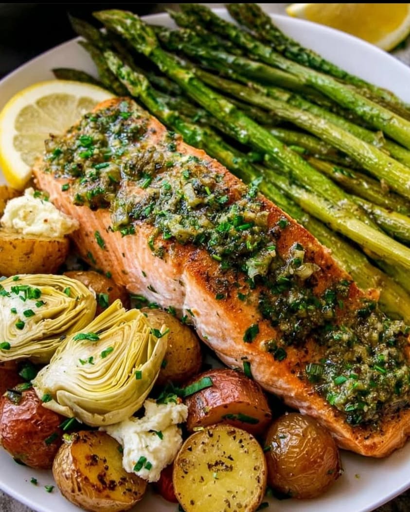 Lemony Gremolata Salmon Tray Bake with Spring Vegetables 7 Lemony Gremolata Salmon Tray Roasted Salmon Tray Bake with Baby Potatoes Leeks Asparagus Fresh Lemon Gremolata