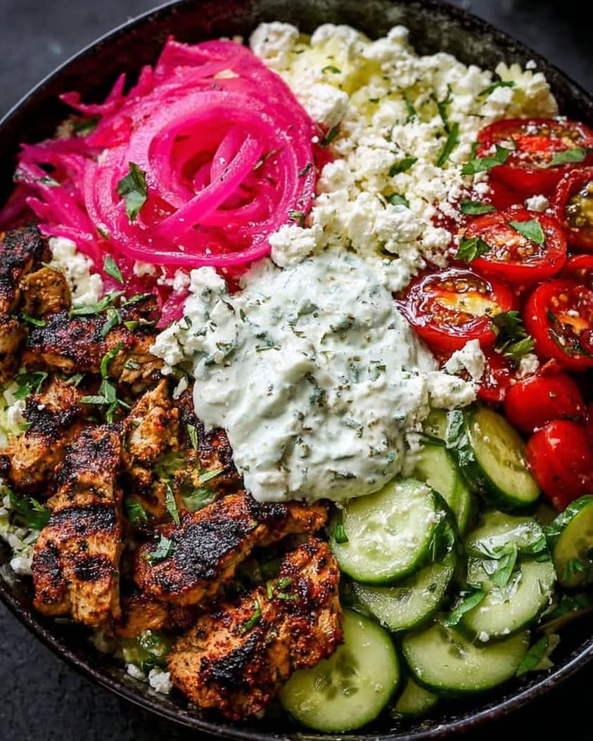 Loaded Mediterranean Chicken Power Bowl with Tzatziki Feta