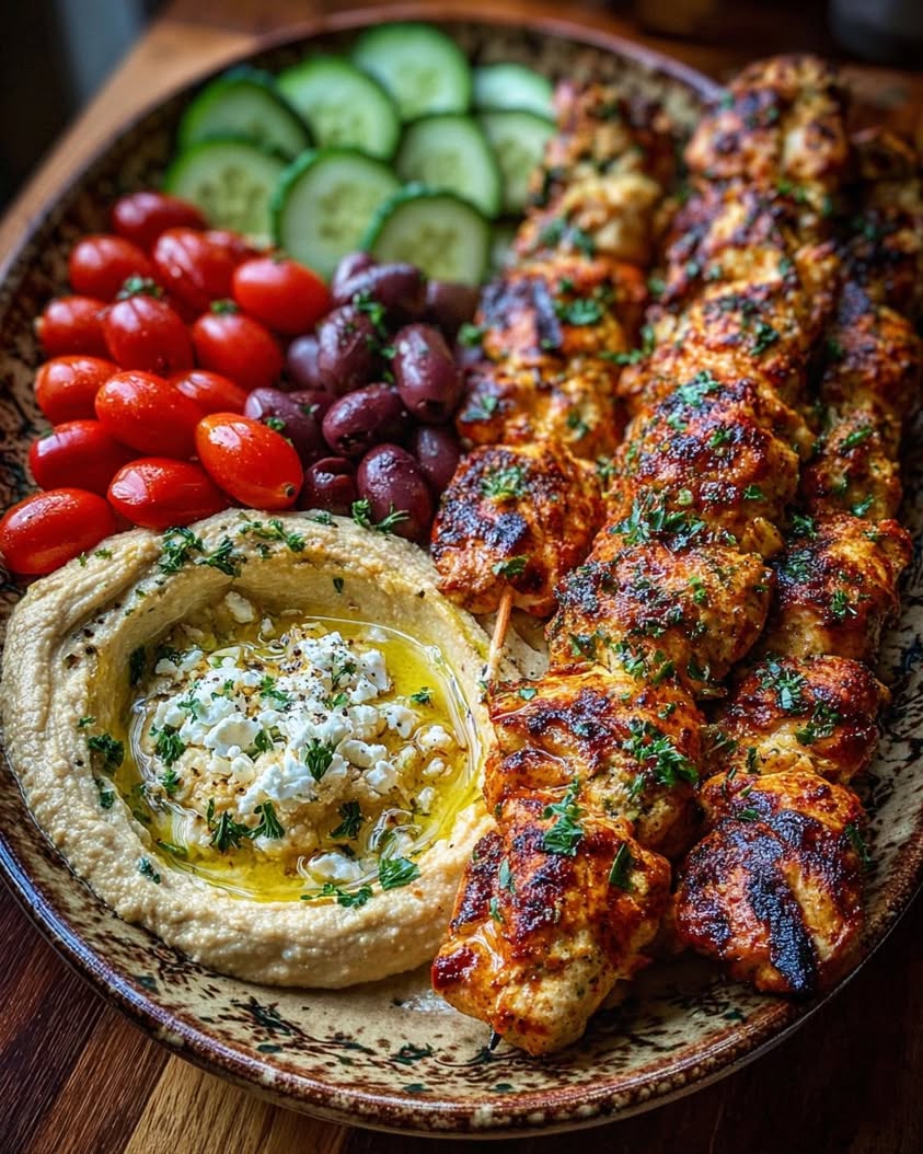 Mediterranean Chicken Skewers with Hummus Spread: A Flavorful Grilled Dinner