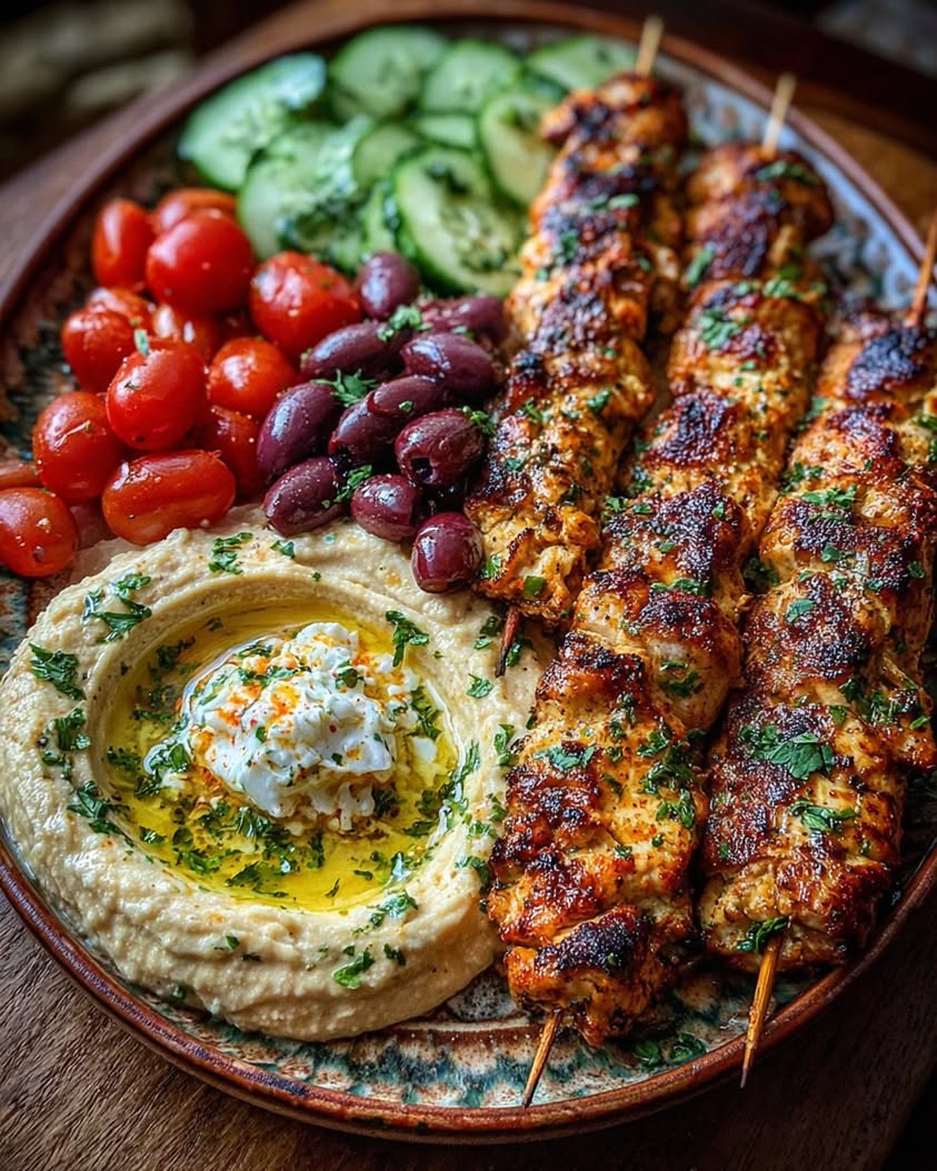 Mediterranean Chicken Skewers with Hummus Spread