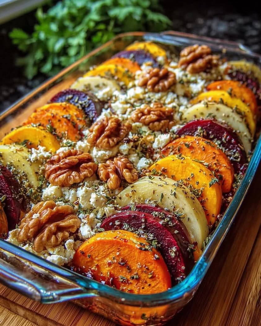 Mediterranean Beet, Sweet Potato & Feta Gratin with Walnut Crunch