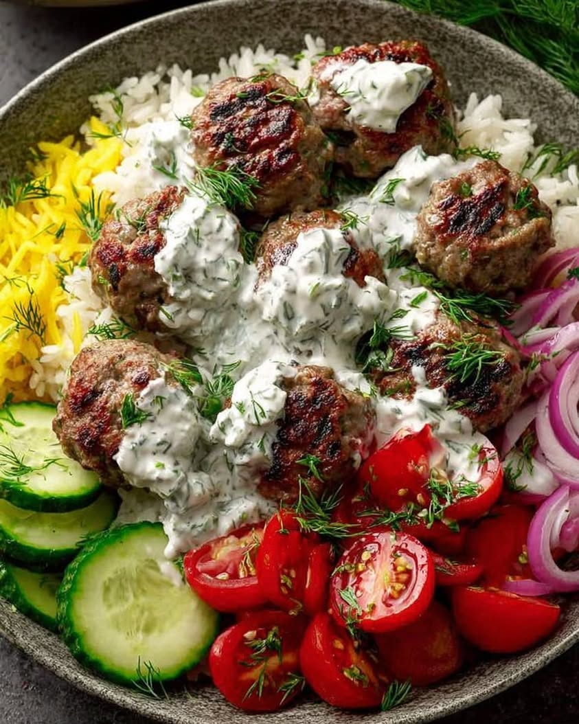 Mediterranean Meatball Rice Bowl with Tzatziki & Fresh Veggies Recipe