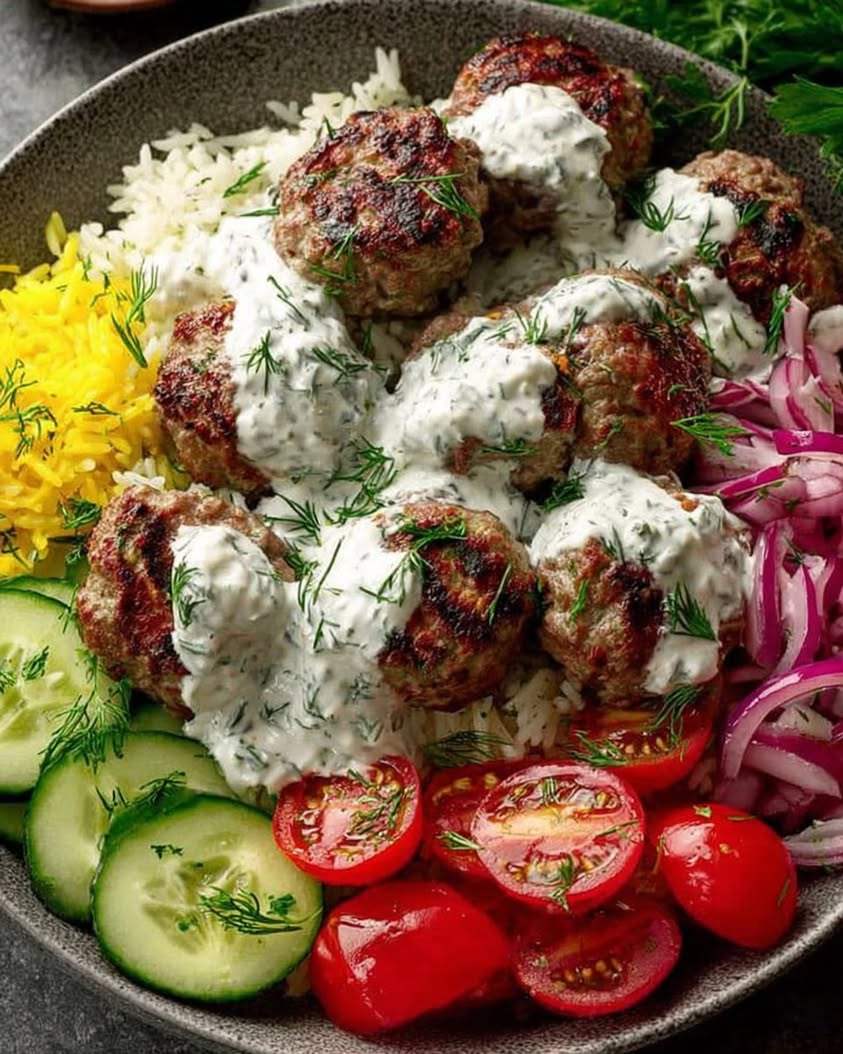 Mediterranean Meatball Rice Bowl with Tzatziki Fresh Veggies