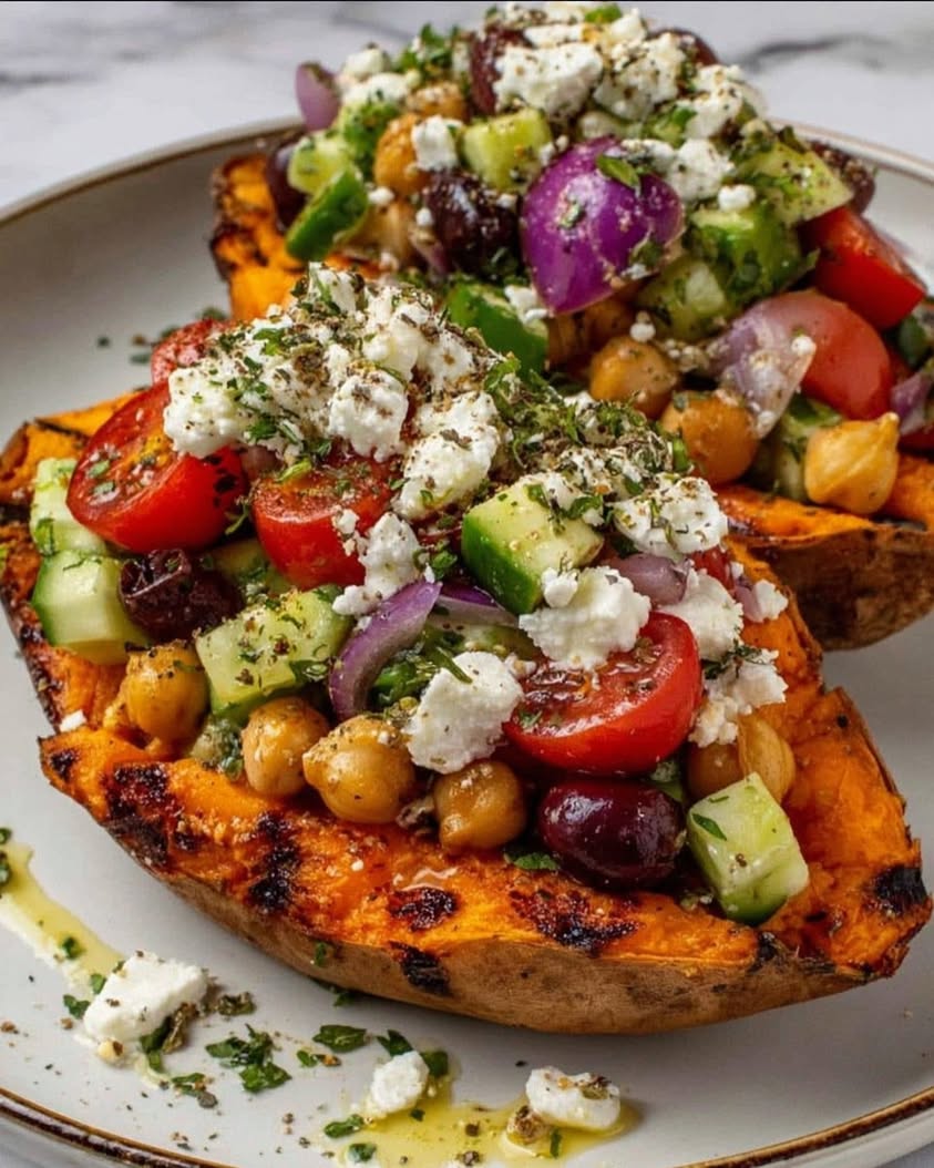 Mediterranean Sweet Potato Boats with Chickpea Salad and Feta