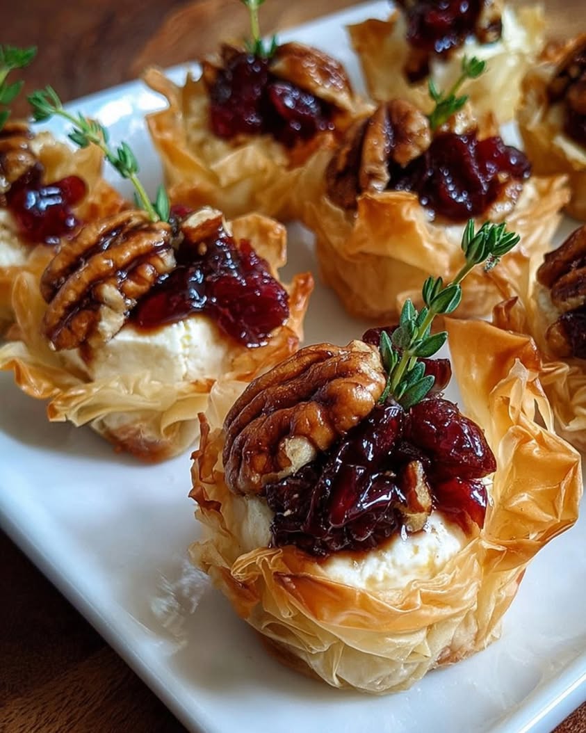 Easy Mini Phyllo Cups with Brie, Pecans & Cranberry Drizzle Recipe