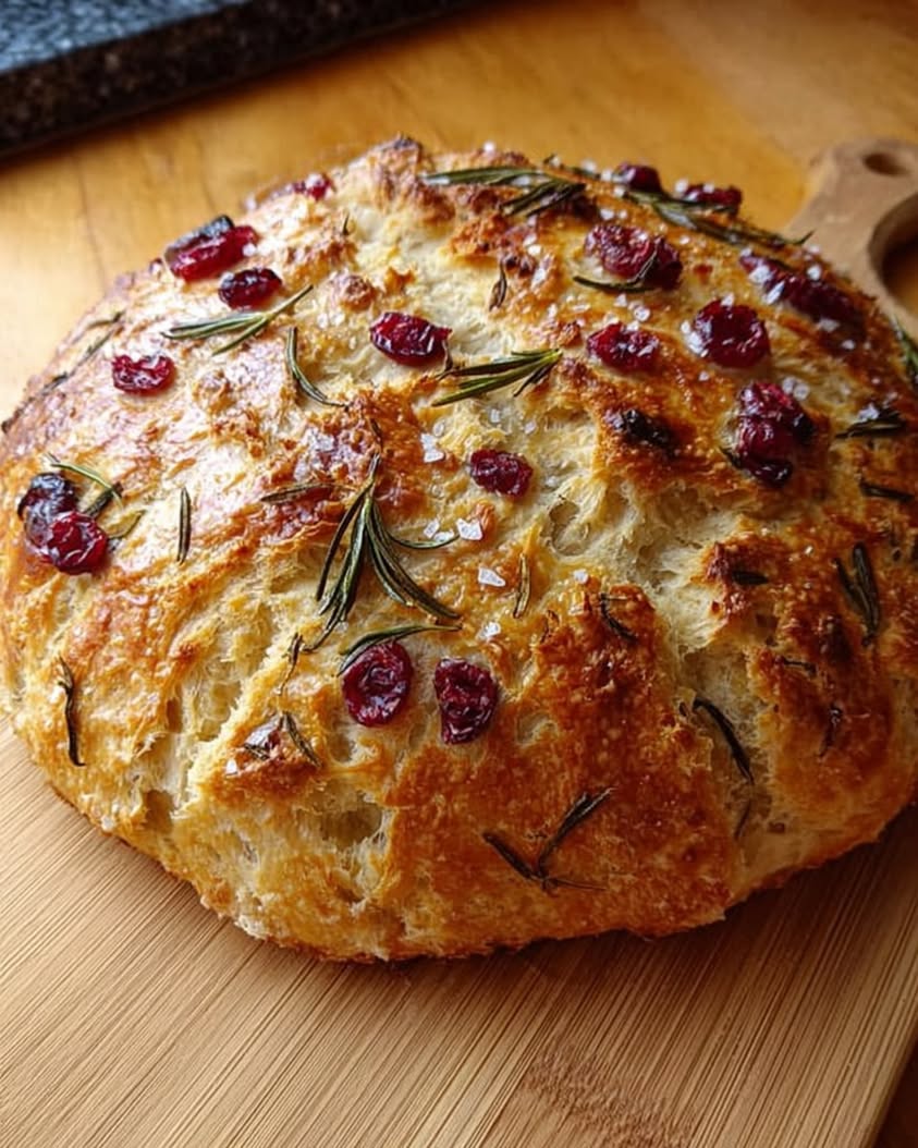 No-Knead Rosemary Cranberry Bread with Olive Oil and Sea Salt