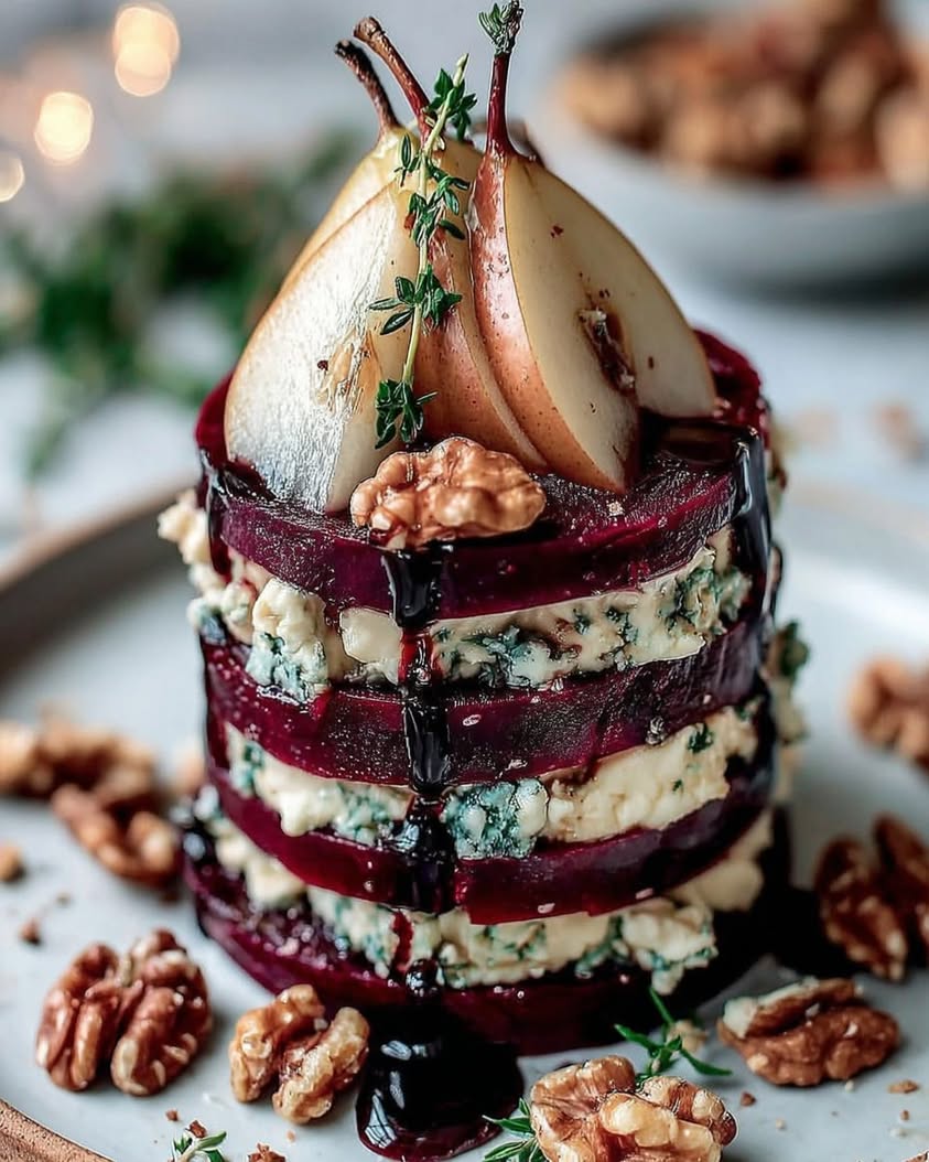 Elegant Roasted Beet Towers with Blue Cheese, Pear & Balsamic