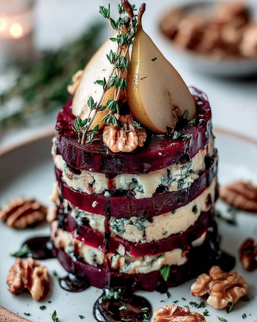 Roasted Beet Blue Cheese Towers with Pear & Balsamic Glaze Recipe