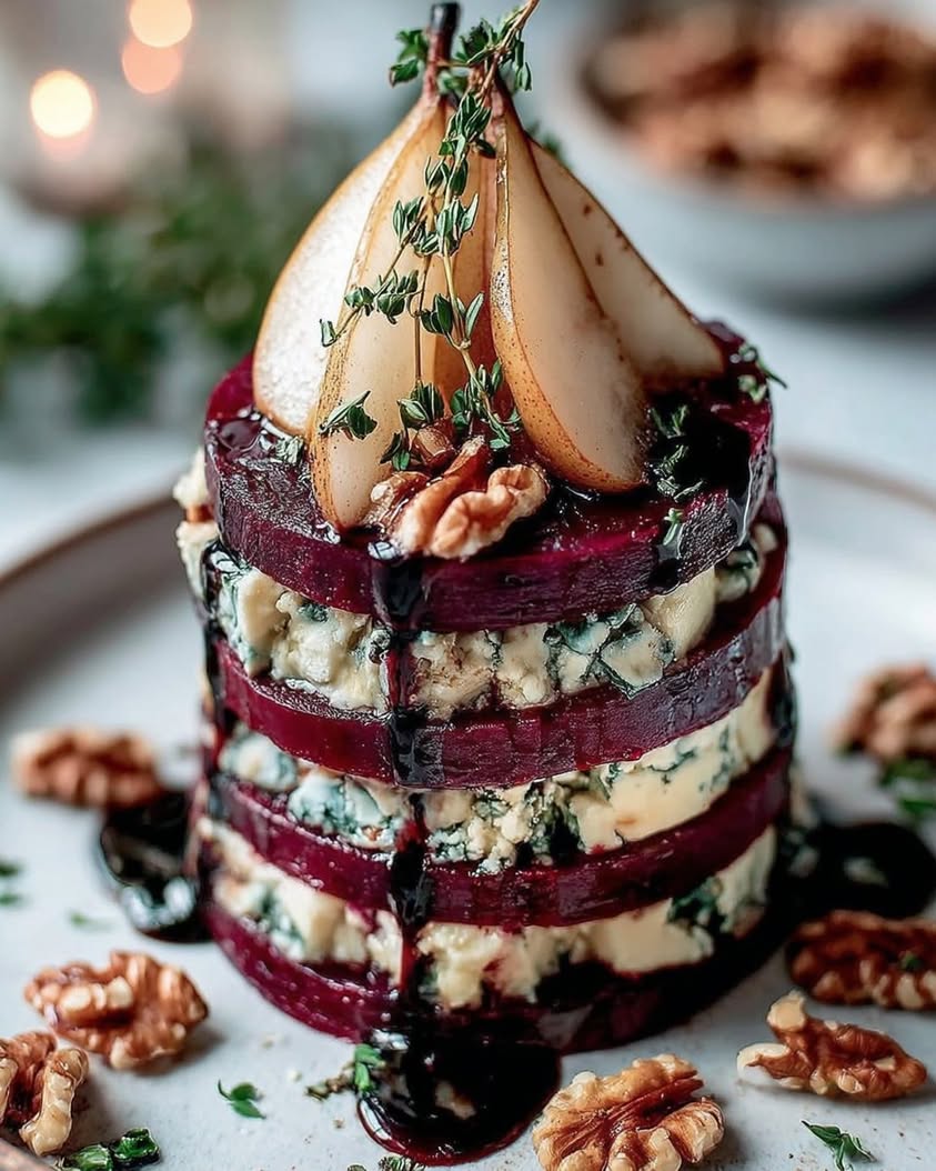 Roasted Beet and Blue Cheese Towers with Pear Balsamic Glaze 6 Roasted Beet Blue Cheese Towers with Pear Balsamic Glaze