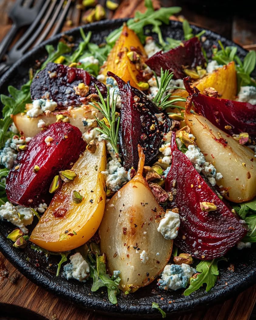Roasted Beet and Caramelized Pear Salad with Feta and Pistachios