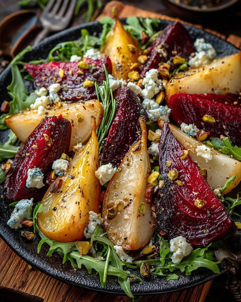 Roasted Beet and Caramelized Pear Salad with Feta and Pistachios Recipe