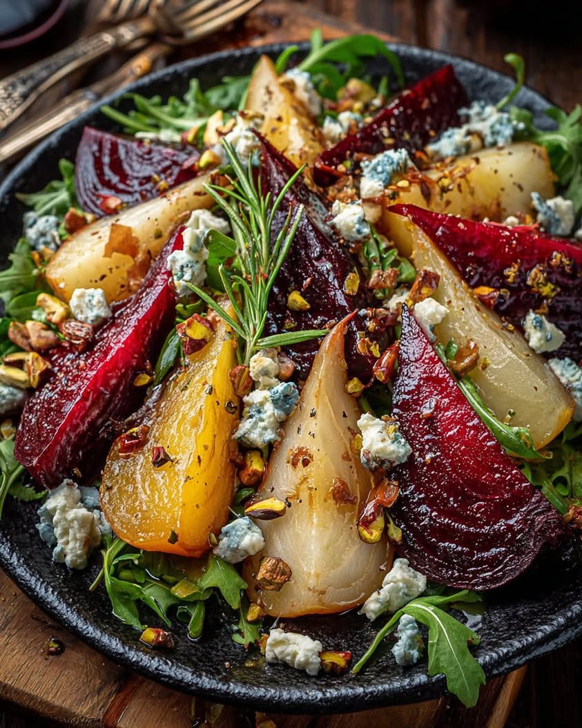 Roasted Beet and Caramelized Pear Salad with Feta and Pistachios