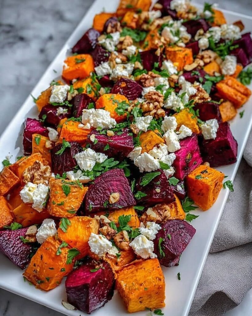 Roasted Beet and Sweet Potato Salad with Feta Yogurt Dressing Toasted Walnuts