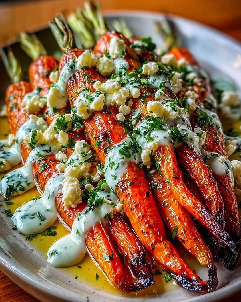 Roasted Garlic Butter Carrots with Lemon Feta Sauce