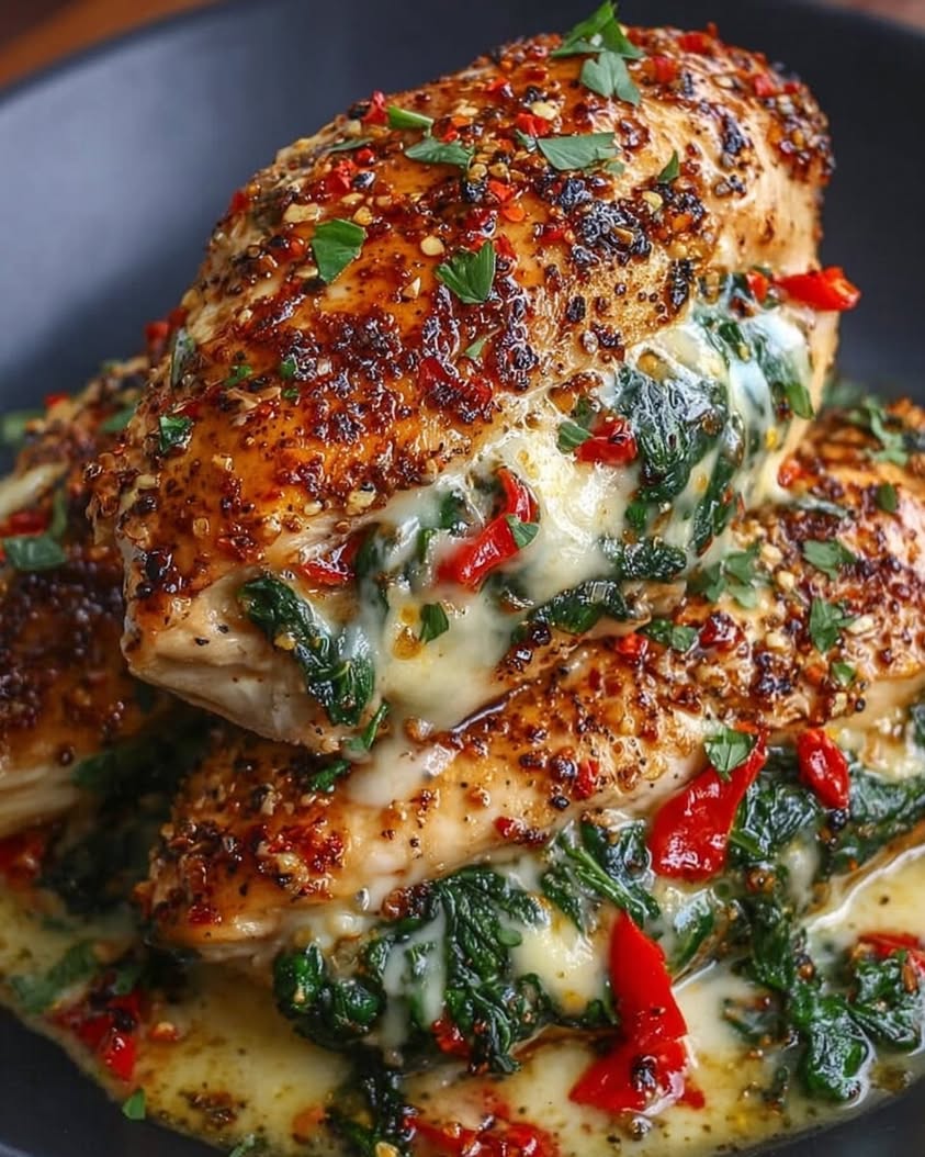 Juicy Stuffed Chicken with Roasted Red Pepper, Spinach, and Mozzarella