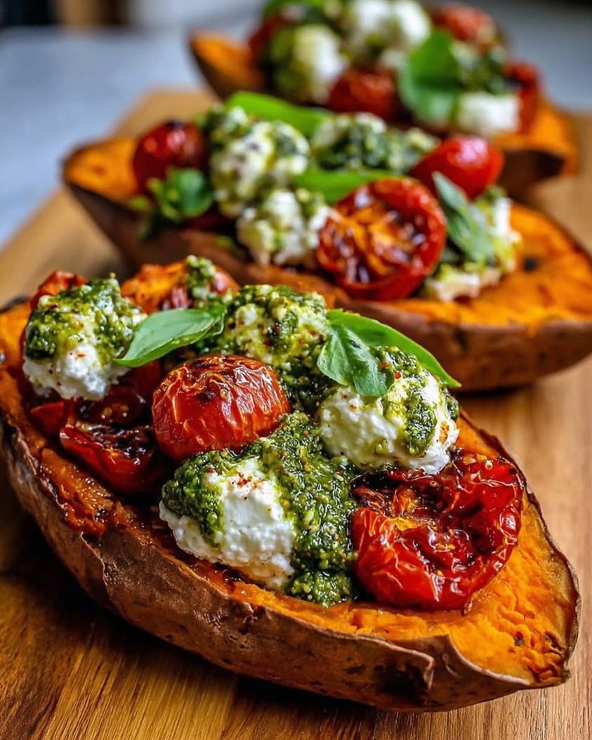 Roasted Sweet Potatoes Stuffed with Ricotta Cherry Tomatoes Pesto
