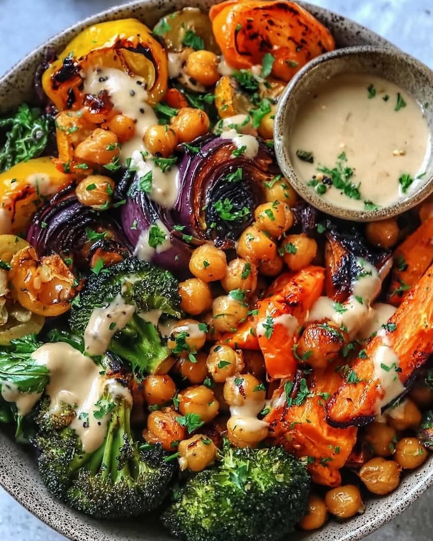 Roasted Veggie Chickpea Bowls with Maple Dijon Tahini Dressing