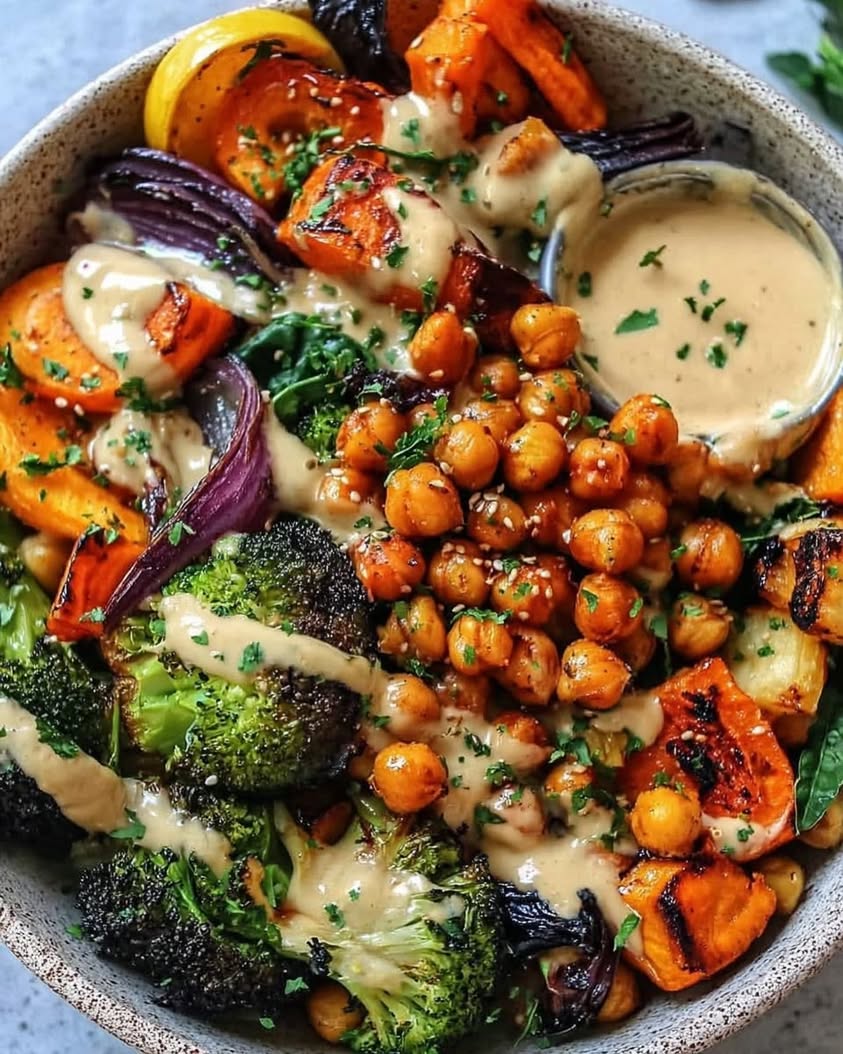 Roasted Veggie & Chickpea Bowls with Maple Tahini Dressing