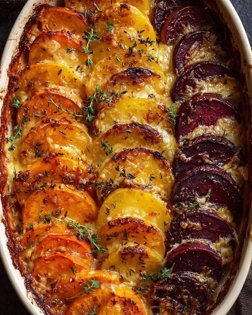 Root Vegetable Gratin with Sweet Potatoes Parsnips and Beets 1