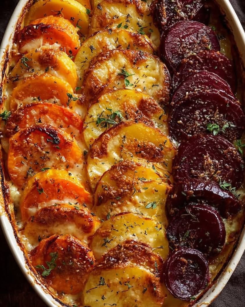 Root Vegetable Gratin with Sweet Potatoes Parsnips and Beets