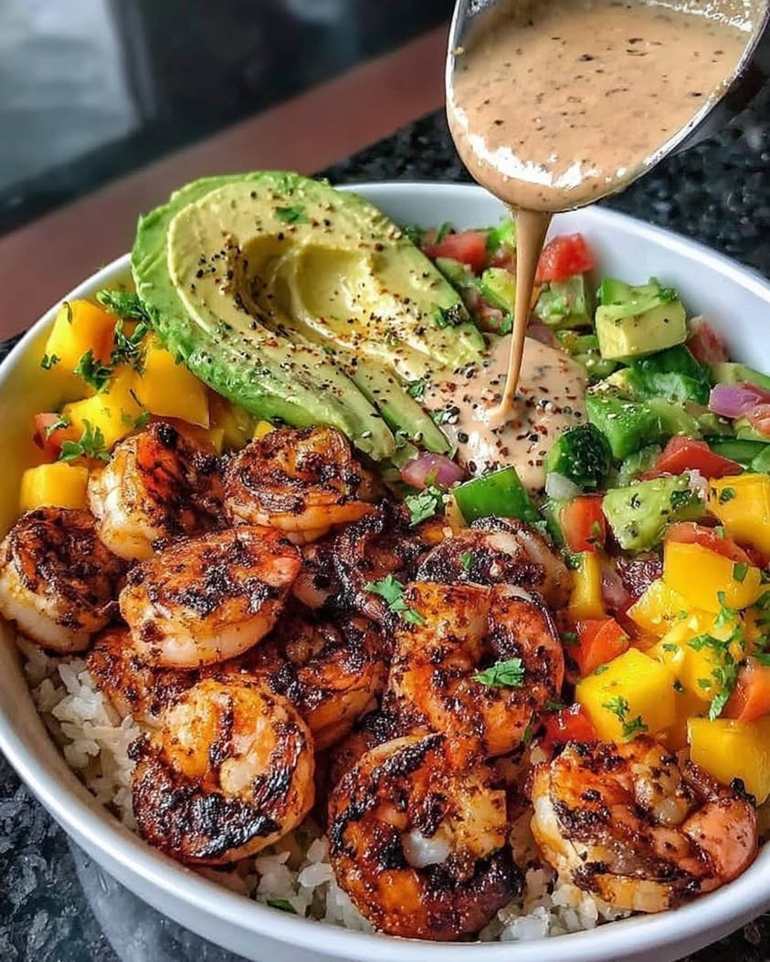 Shrimp and Avocado Bowls with Mango Salsa Lime Chili Sauce 1