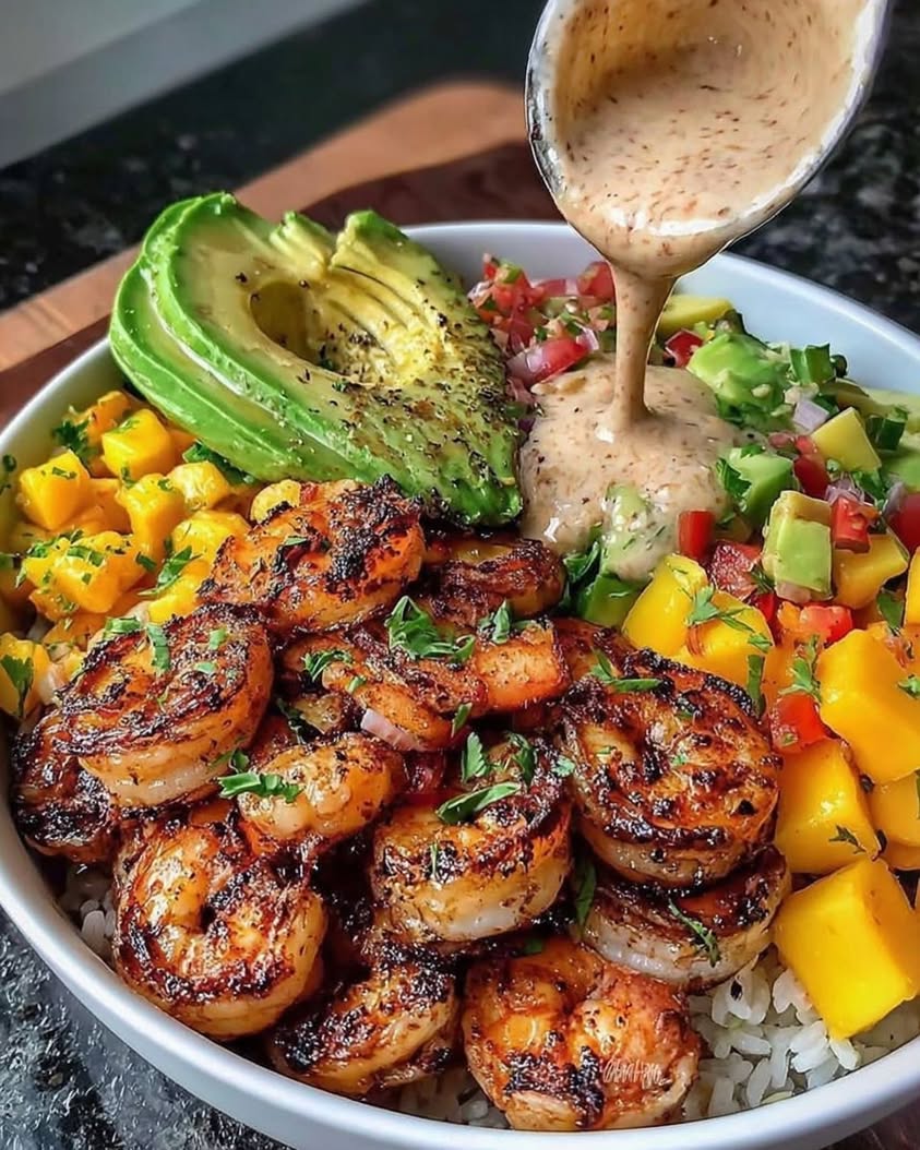 Shrimp and Avocado Bowls with Mango Salsa & Lime-Chili Sauce Recipe