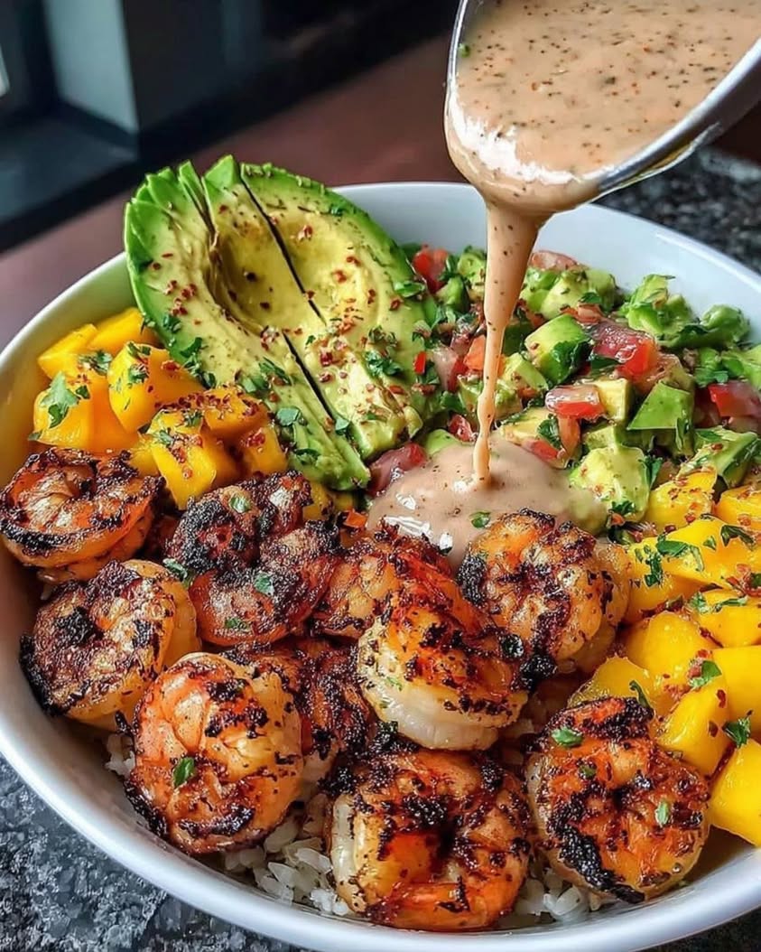 Shrimp and Avocado Bowls with Mango Salsa Lime Chili Sauce