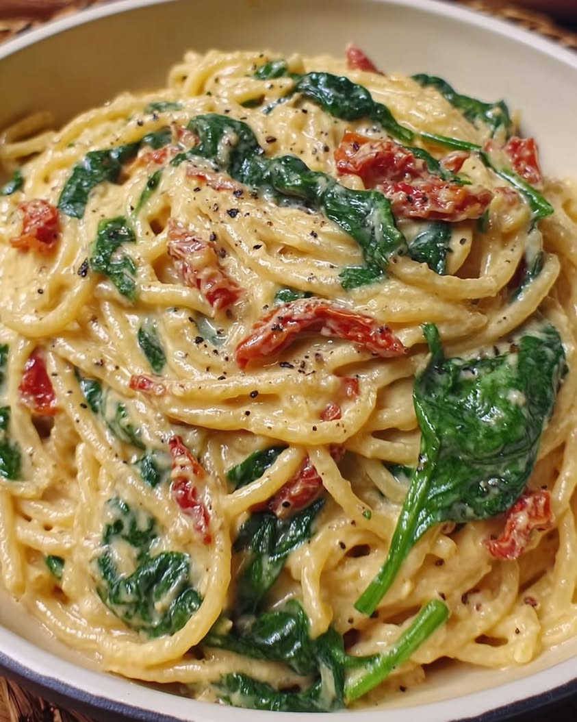The Best One-Pan Spaghetti and Spinach with Sun-Dried Tomato Cream Sauce