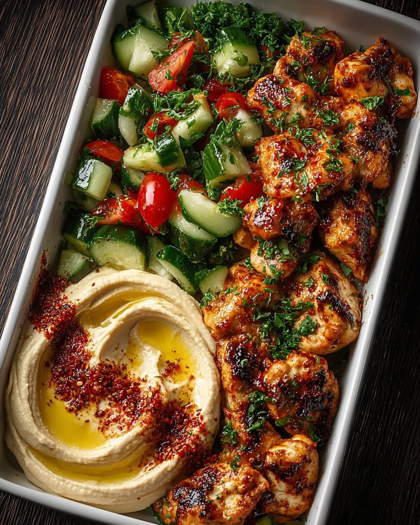 Spicy Garlic Chicken Bowls with Hummus and Cucumber Salad Recipe