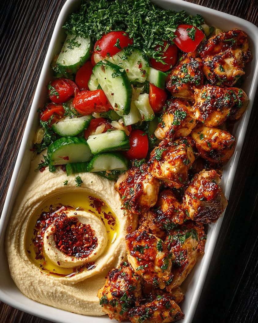 Spicy Garlic Chicken Bowl with Hummus & Cucumber Salad Recipe