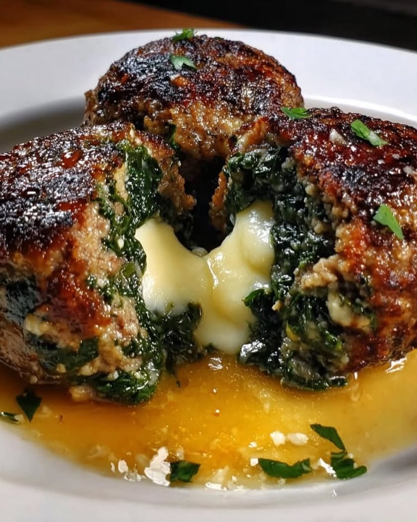 Spinach Garlic Meatballs Stuffed with Mozzarella