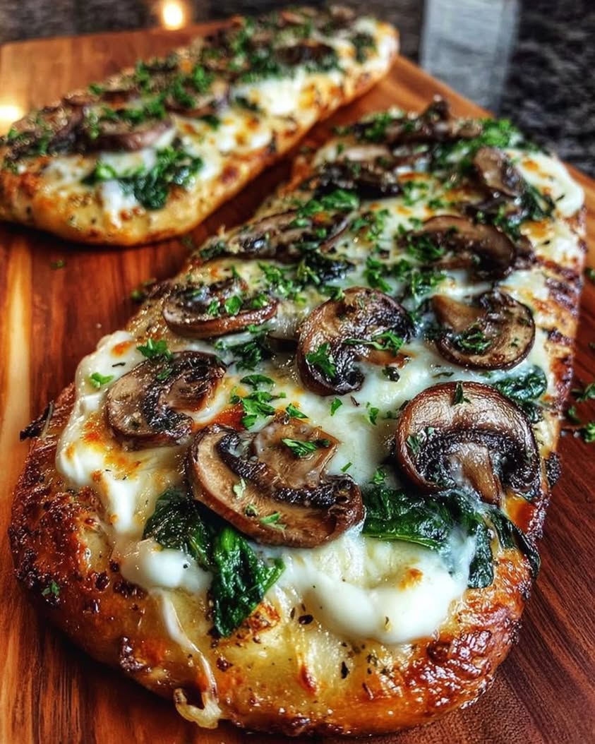 Spinach Mushroom Brie Flatbread with Garlic Cream