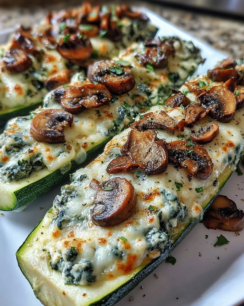 Spinach Mushroom and Ricotta Stuffed Zucchini Boats