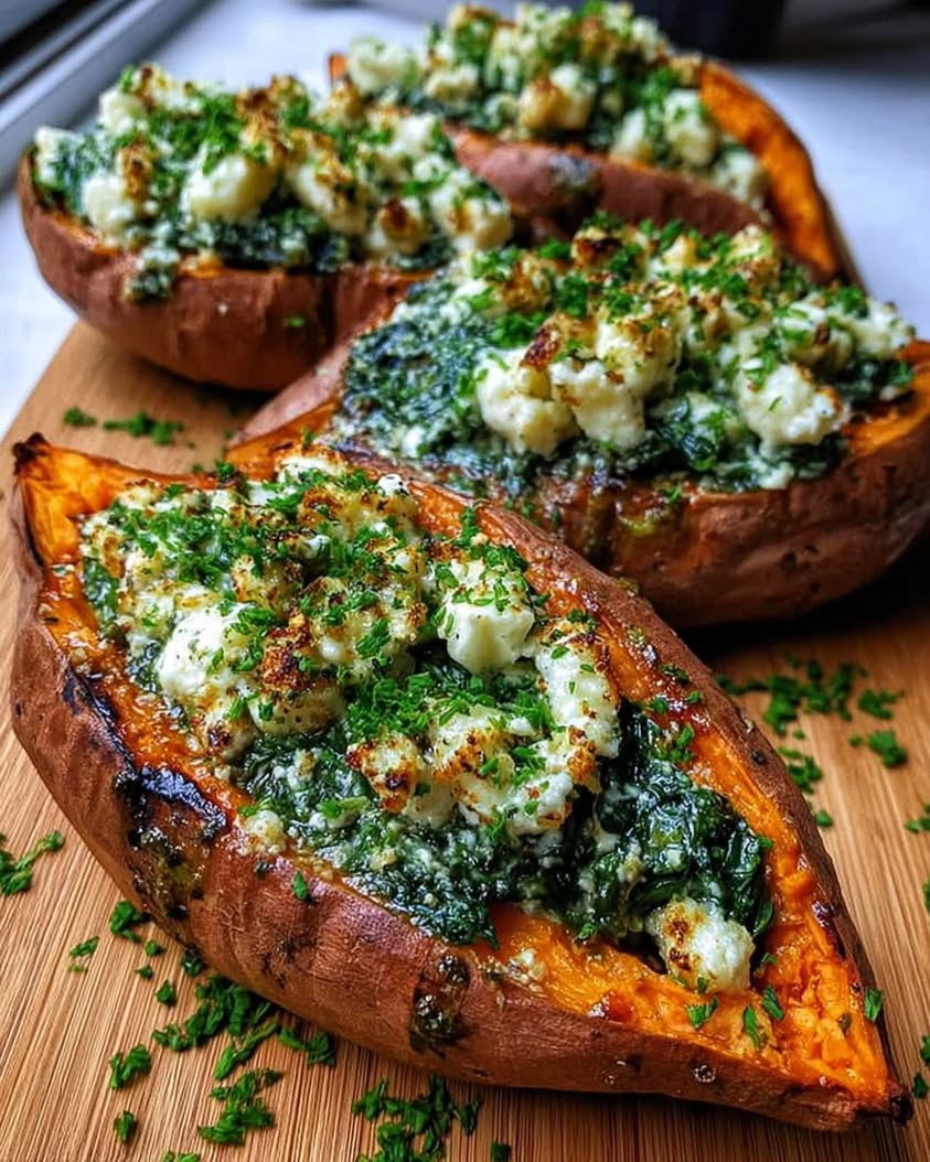 Spinach Ricotta Stuffed Sweet Potatoes with Herb Drizzle