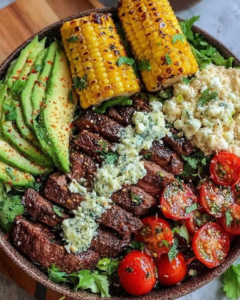 Steak Avocado and Roasted Corn Bowl with Cilantro Cream Sauce Recipe
