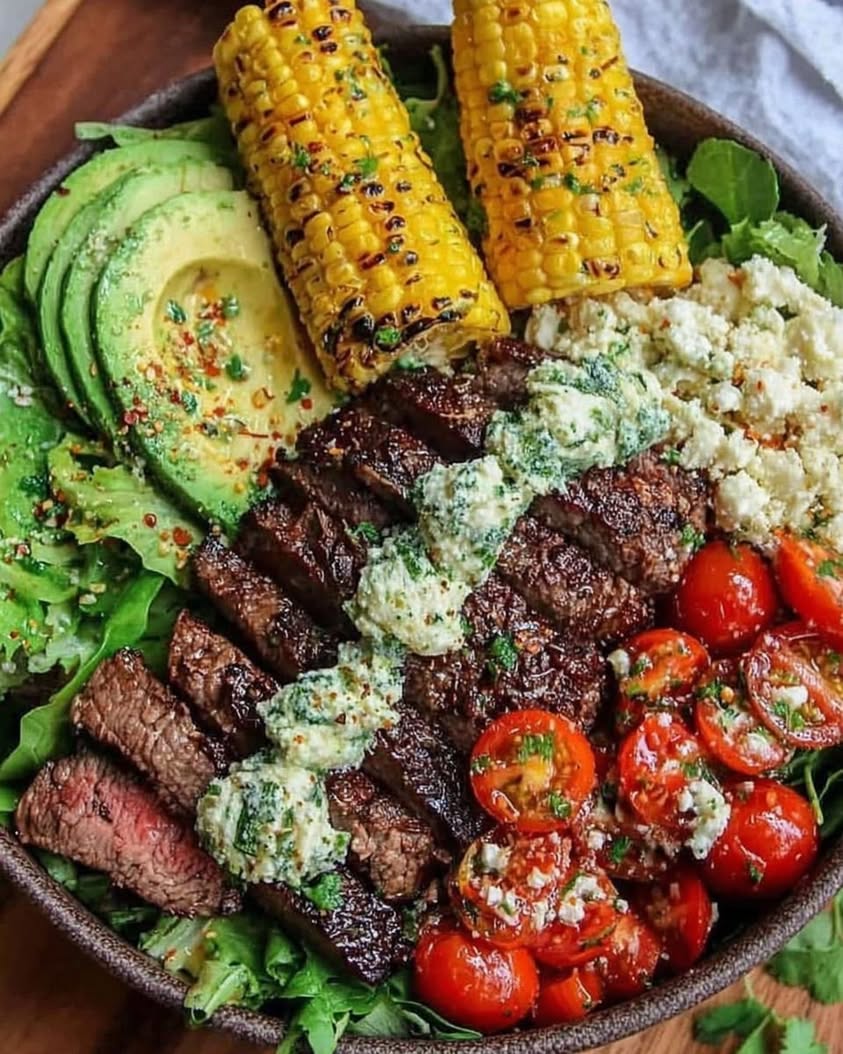Steak and Avocado Bowl with Roasted Corn and Cilantro Cream 4 Steak Avocado and Roasted Corn Bowl with Cilantro Cream Sauce