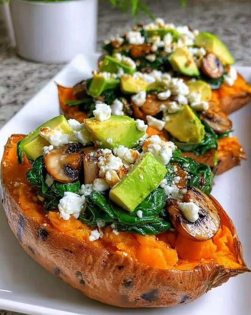 Stuffed Sweet Potatoes Spinach Avocado Mushroom Feta