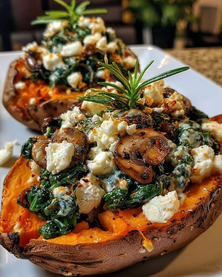 Stuffed Sweet Potatoes with Spinach, Mushroom, Feta & Lemon Garlic Yogurt