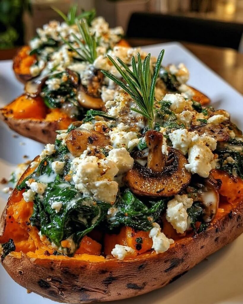 Stuffed Sweet Potatoes with Spinach Mushroom Feta Rosemary Drizzled with Lemon Garlic Yogurt Sauce