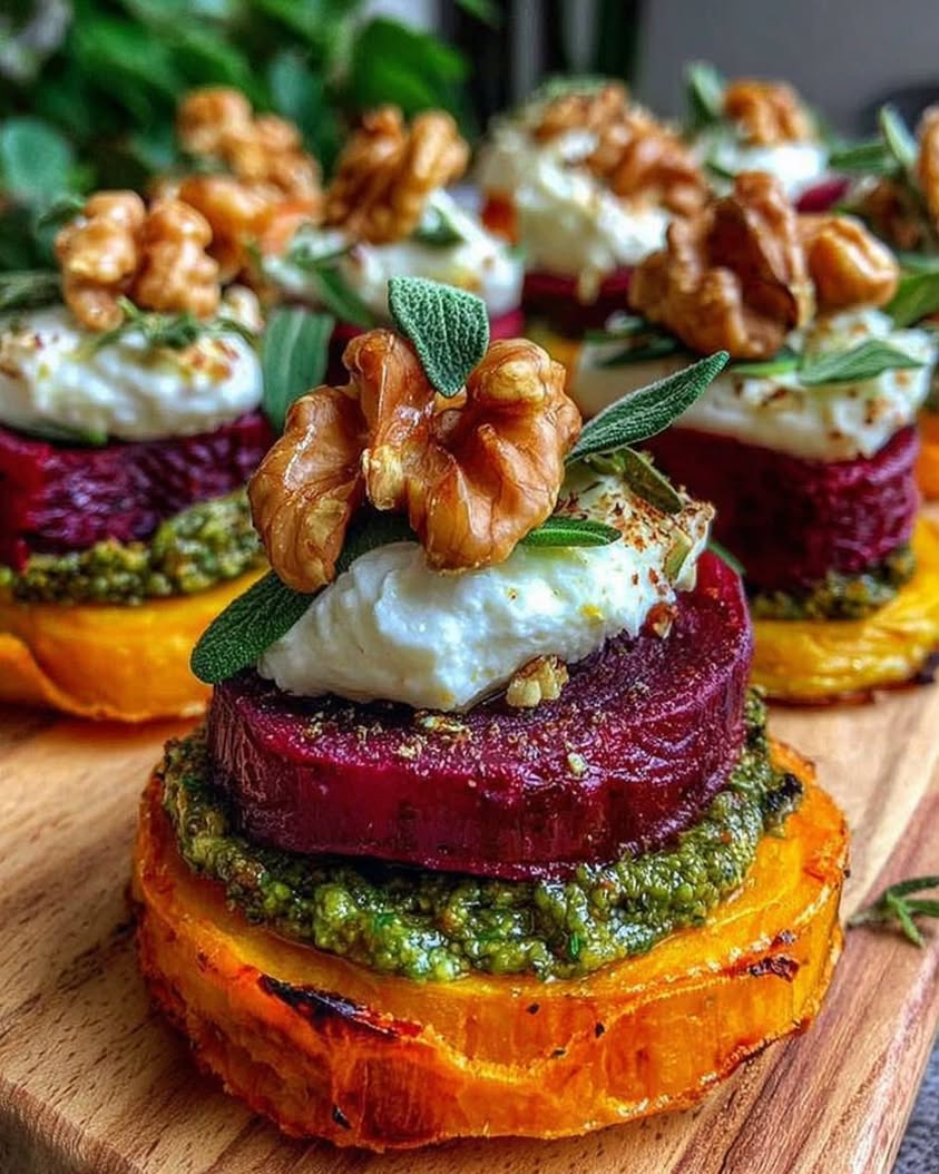 Sweet Potato Beet Stacks with Pesto Burrata Walnuts