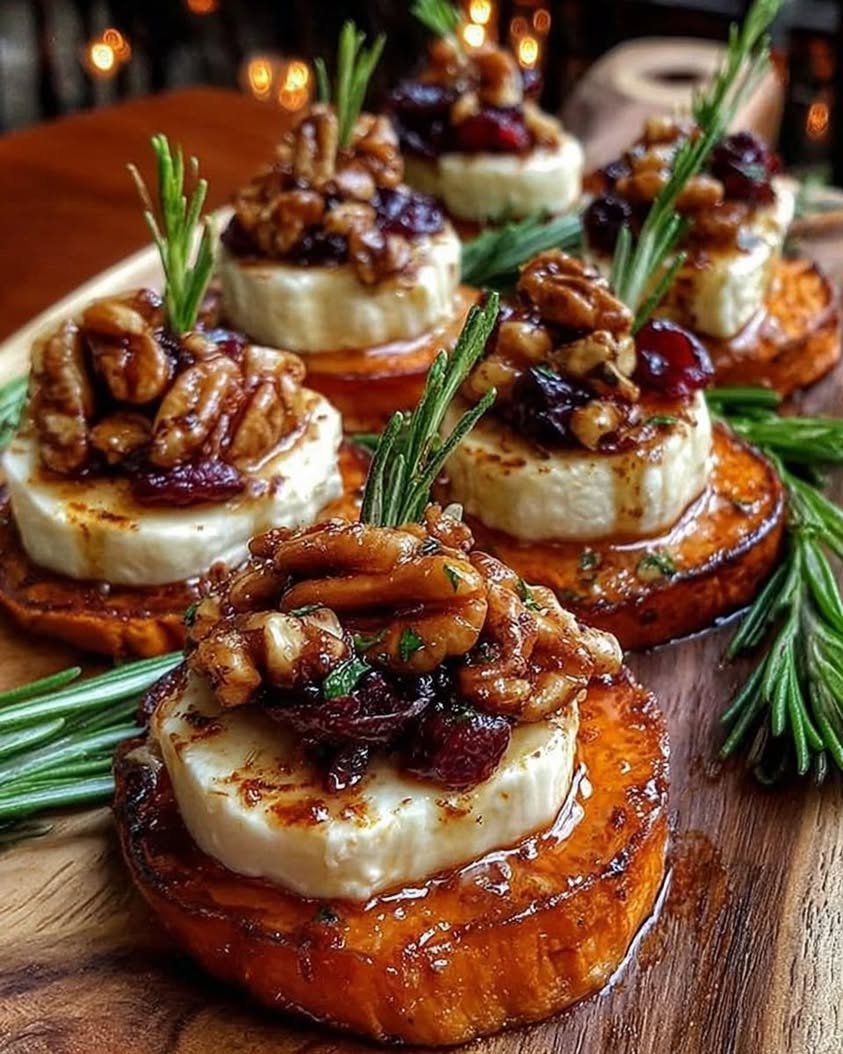 Sweet Potato Rounds with Brie, Cranberry, Pecans, and Hot Honey