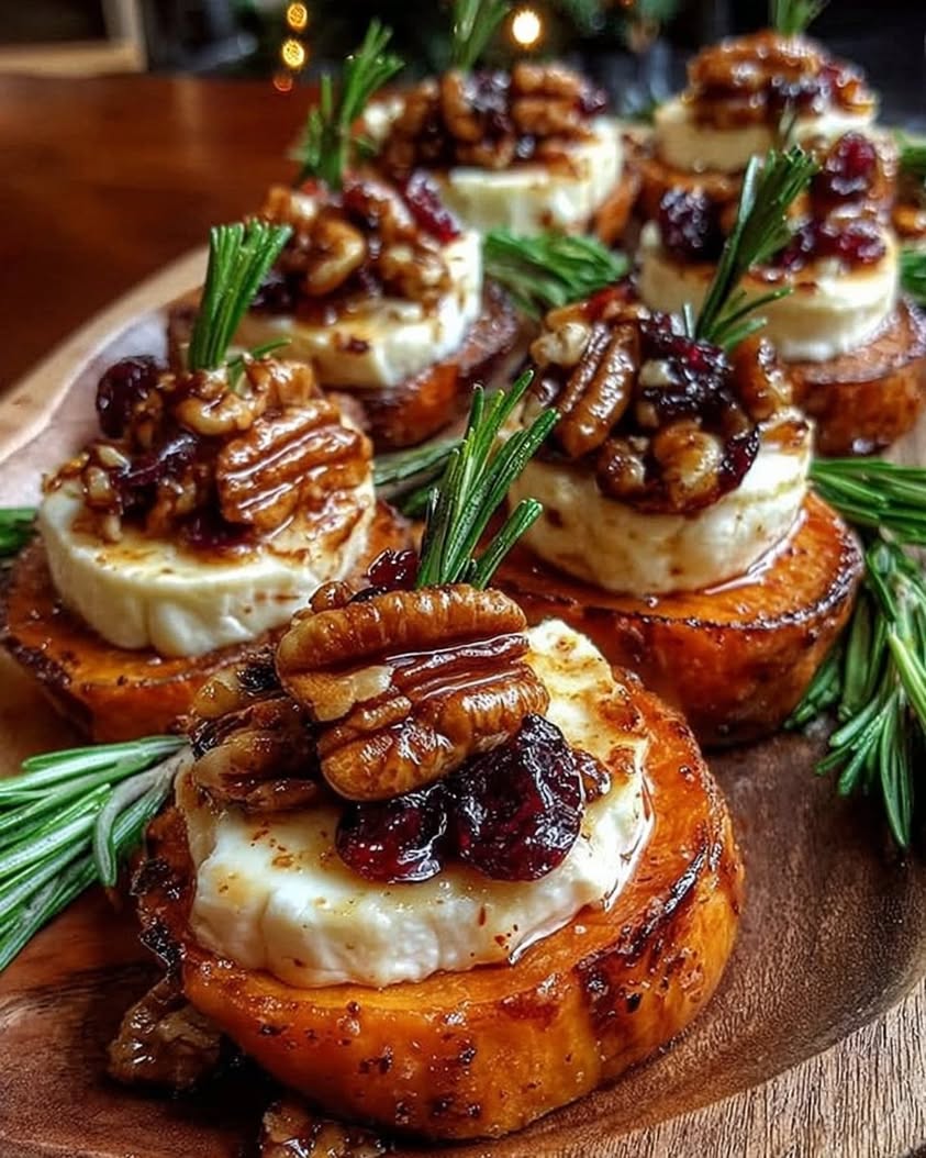 Sweet Potato Rounds with Brie Cranberry Toasted Pecans with Hot Honey Drizzle