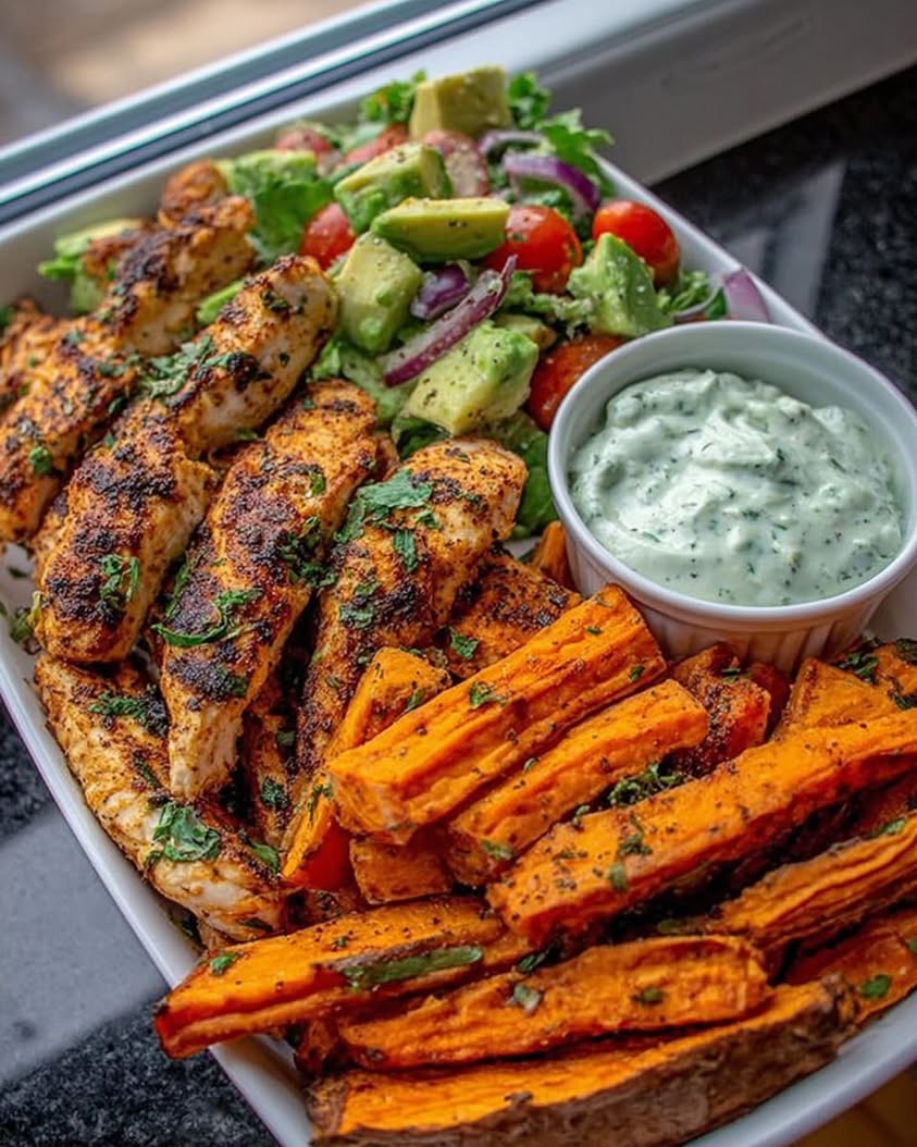 Ultimate Grilled Chicken Sweet Potato Bowl with Avocado Salsa Herbed Yogurt Dip